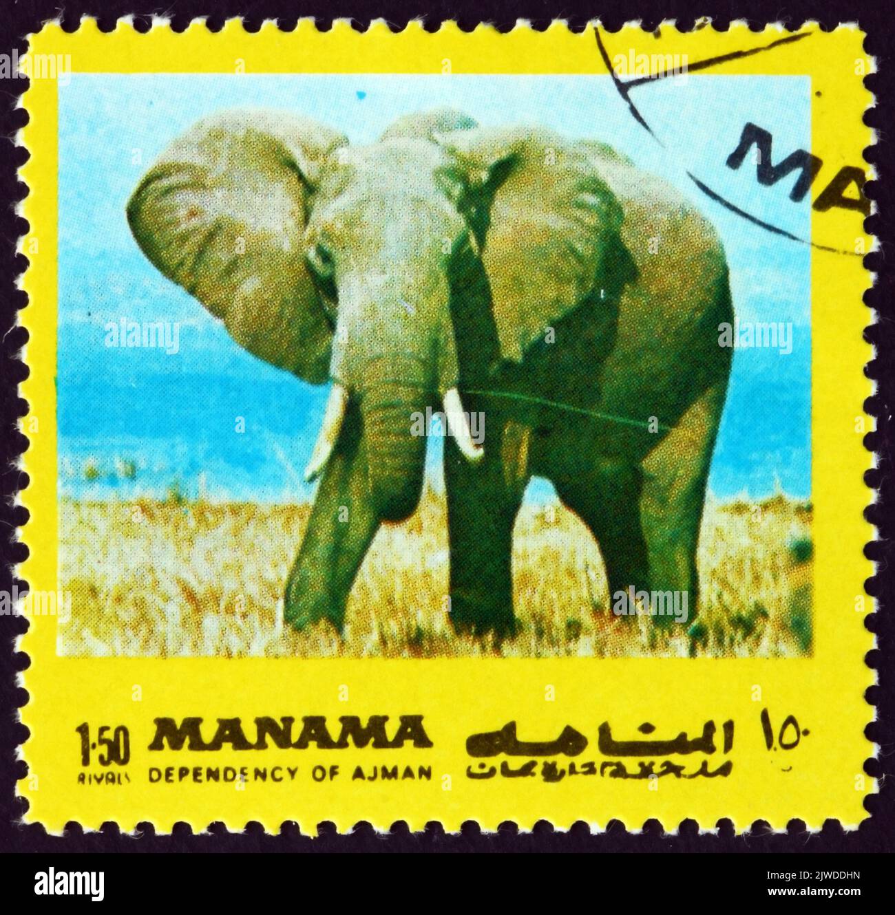 MANAMA - CIRCA 1972: a stamp printed in Manama shows African bush elephant, loxodonta africana, is the largest living terrestrial animal, circa 1972 Stock Photo