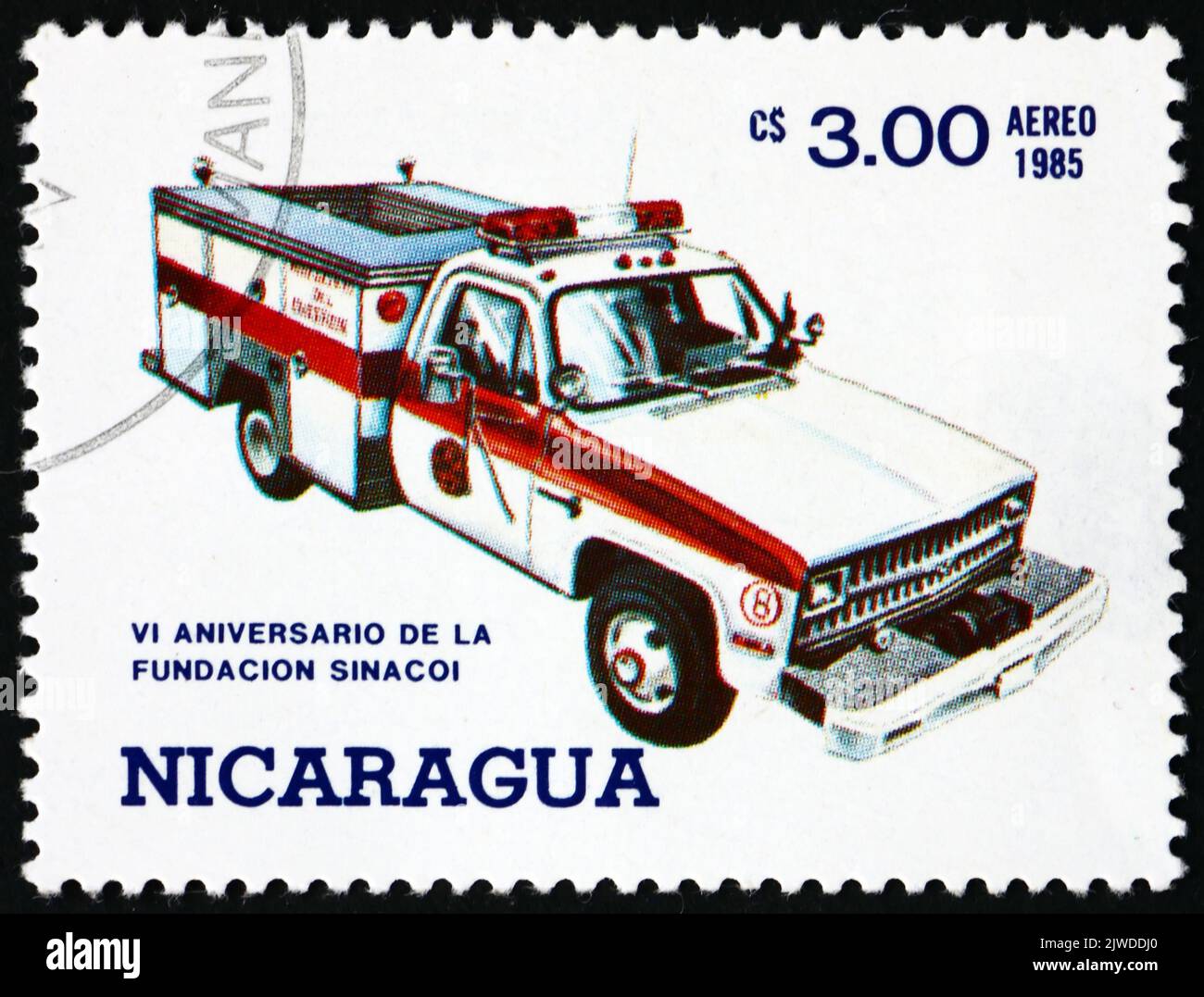 NICARAGUA - CIRCA 1985: a stamp printed in Nicaragua shows ambulance,National Fire Brigade, 6th anniversary, circa 1985 Stock Photo