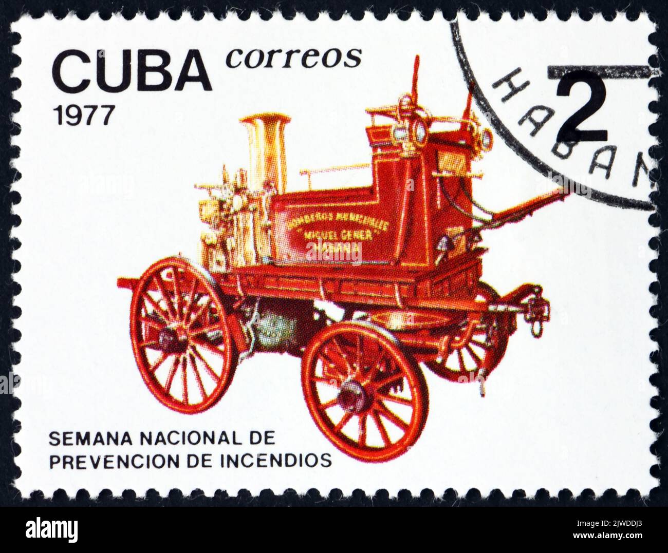 CUBA - CIRCA 1977: a stamp printed in Cuba shows horse-drawn fire pump, fire prevention week, circa 1977 Stock Photo