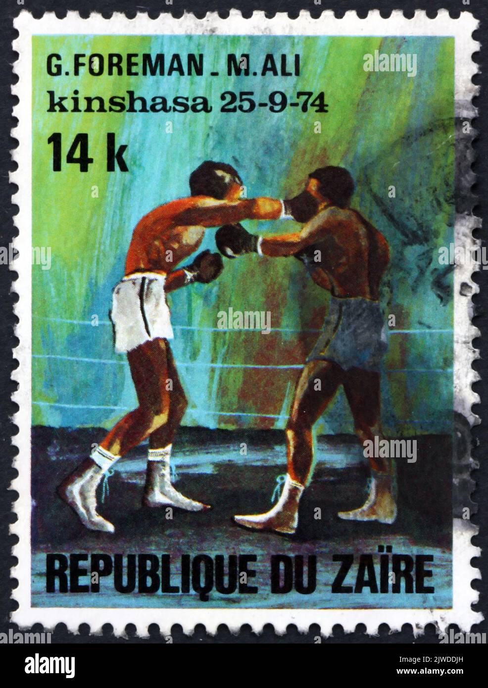 CONGO - CIRCA 1974: a stamp printed in Congo shows Foreman-Ali fight, world heavyweight boxing championship match between George Foreman and Muhammad Stock Photo