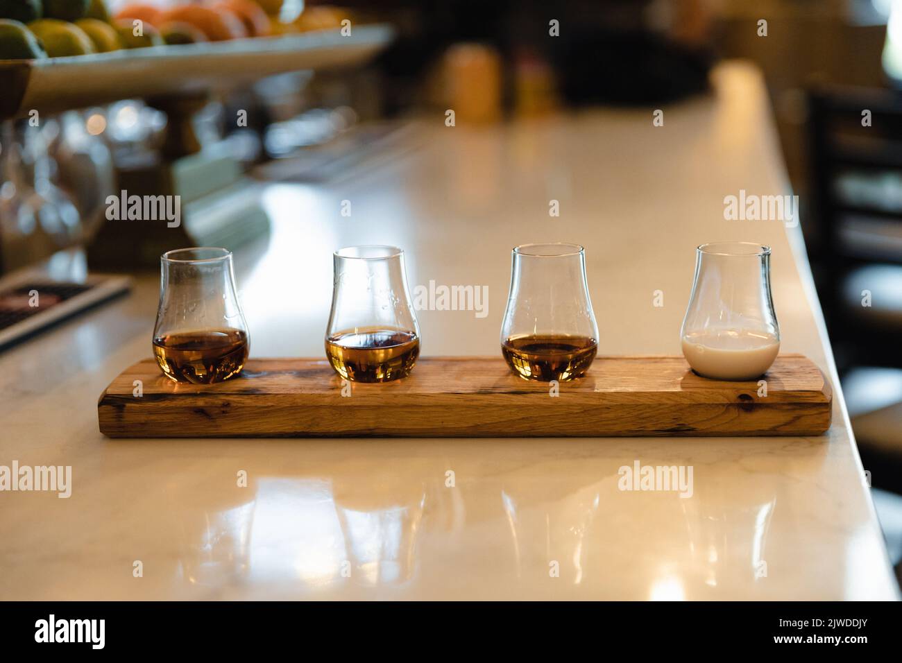a flight of handcrafted bourbons and bourbon cream Stock Photo