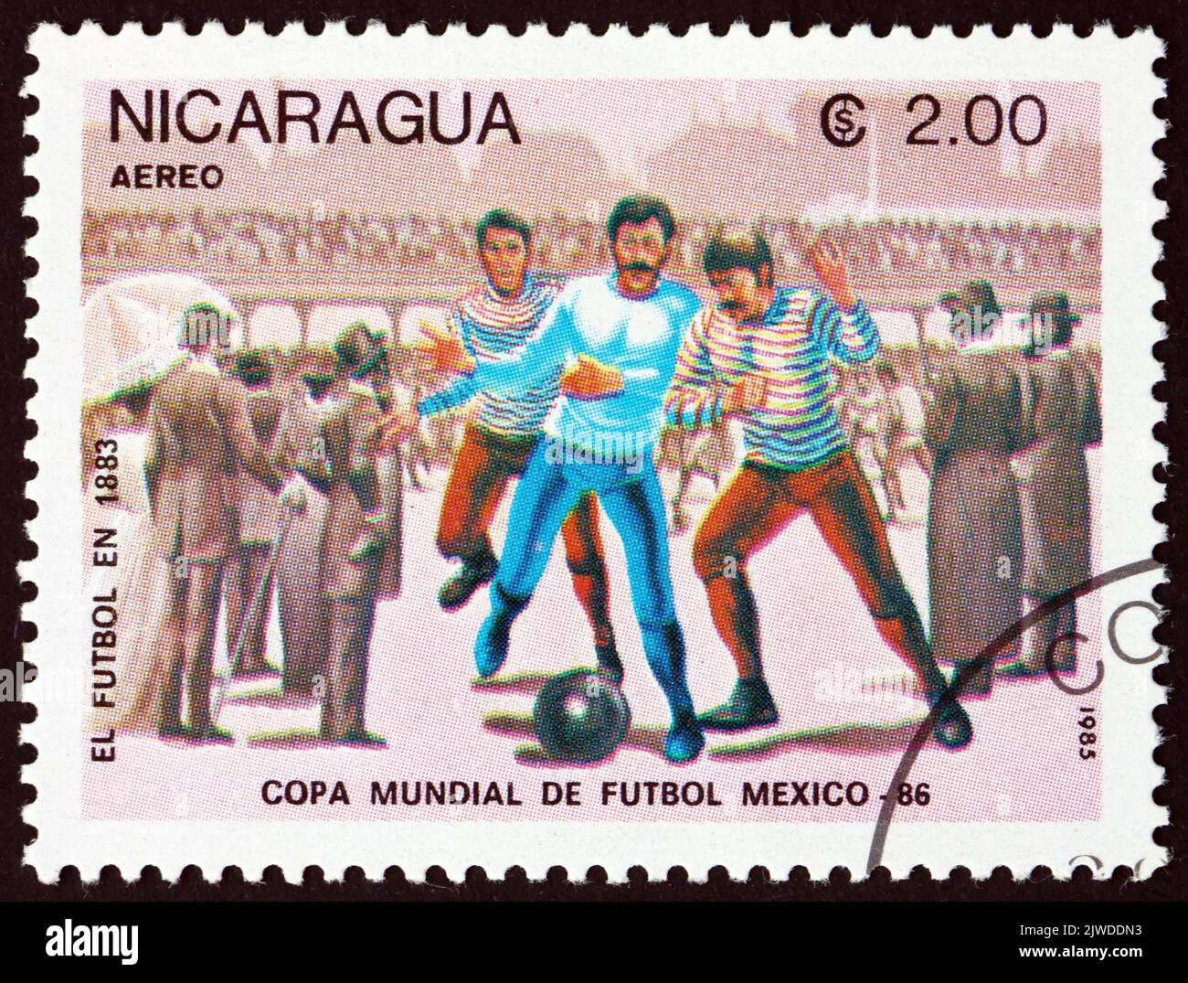 NICARAGUA - CIRCA 1985: a stamp printed in Nicaragua shows Evolution of Soccer, 1883, 1986 World Cup Soccer Championships, Mexico, circa 1985 Stock Photo