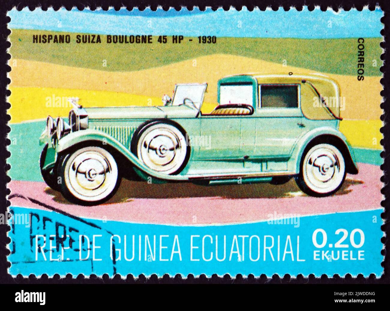 EQUATORIAL GUINEA - CIRCA 1977: a stamp printed in Equatorial Guinea shows Hispano-Suiza Boulogne 45HP, 1930, oldtimer, circa 1977 Stock Photo