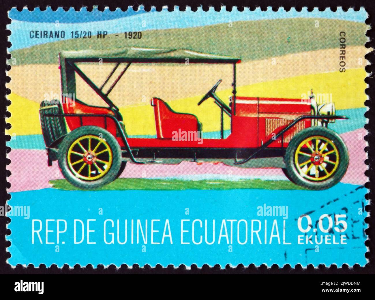 EQUATORIAL GUINEA - CIRCA 1977: a stamp printed in Equatorial Guinea shows Ceirano 15/20HP, 1920, oldtimer, circa 1977 Stock Photo