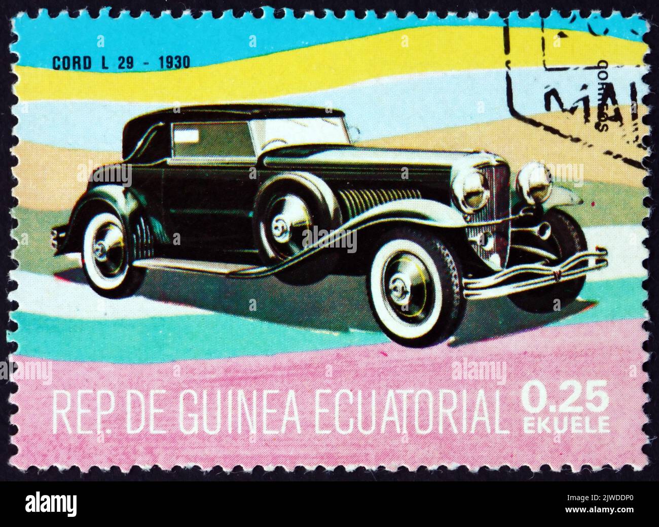 EQUATORIAL GUINEA - CIRCA 1977: a stamp printed in Equatorial Guinea shows Cord L 29, 1930, oldtimer, circa 1977 Stock Photo