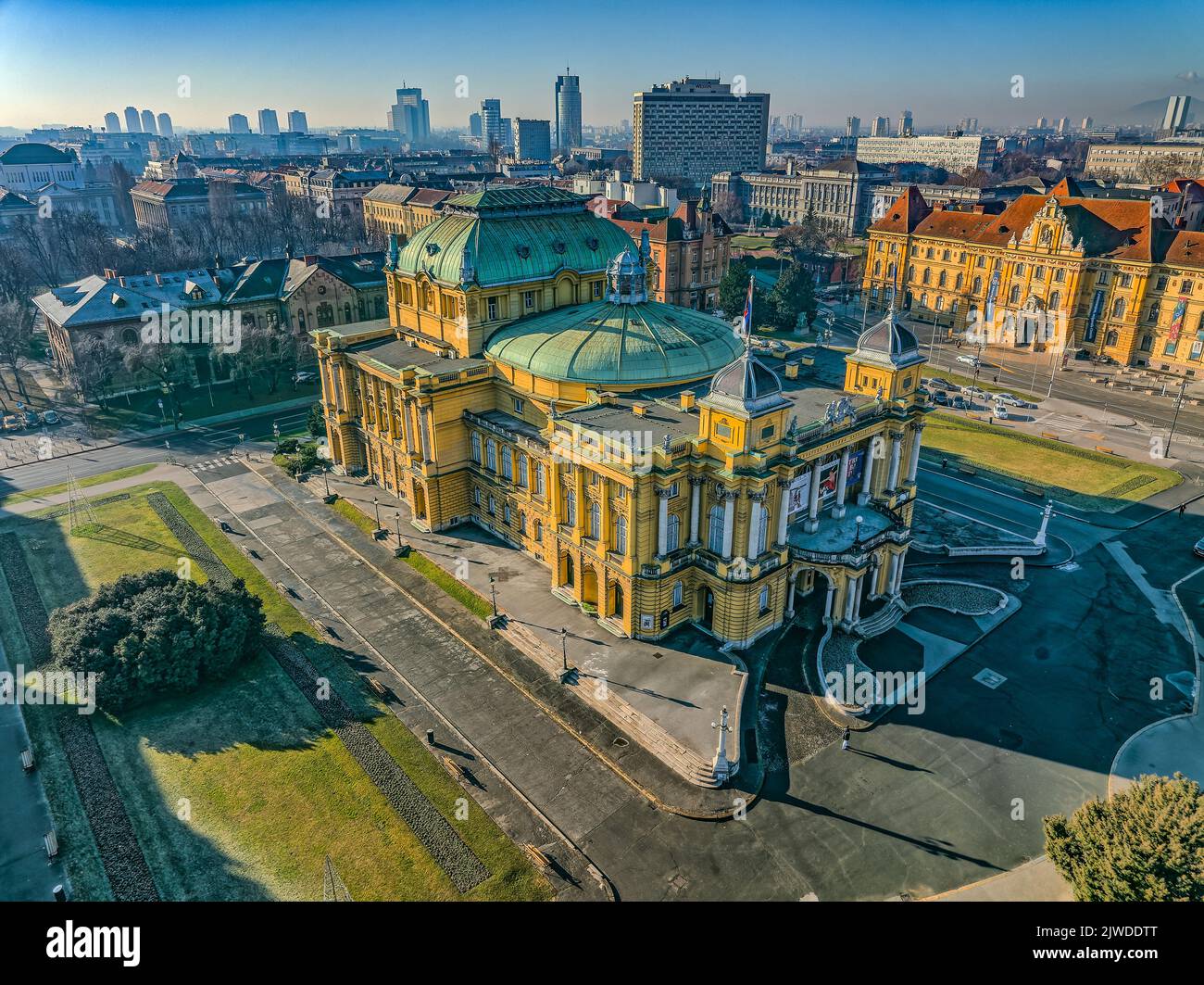 Panorama of Zagreb, aerial shot of the Croatian national theater Stock Photo