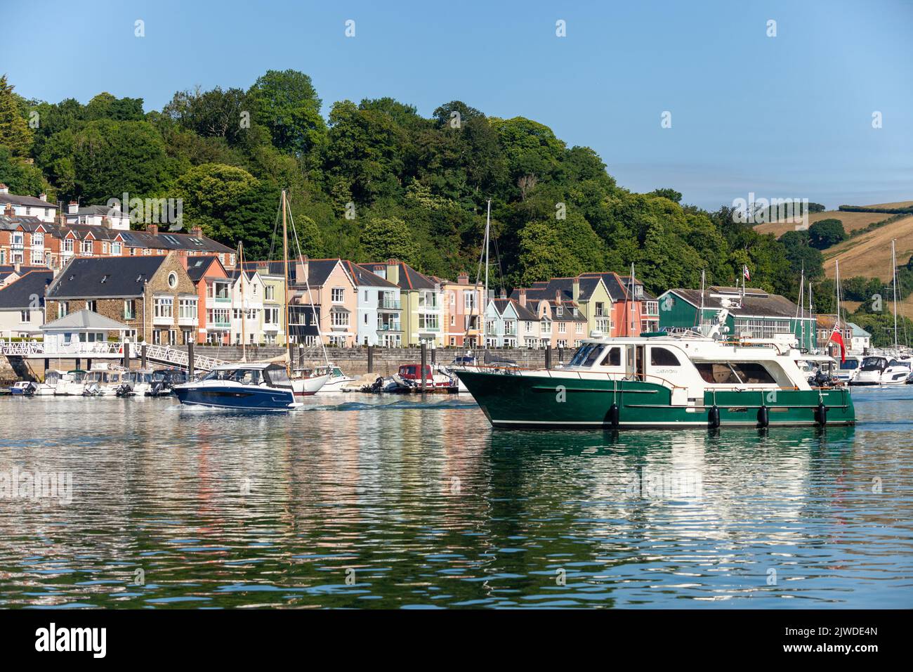 A trawler yacht on the River Dart in Dartmouth Harbour. Stock Photo
