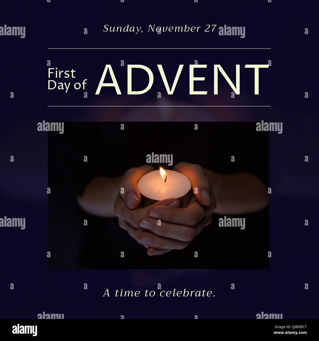 Composition of first day of advent text with hand holding candle on