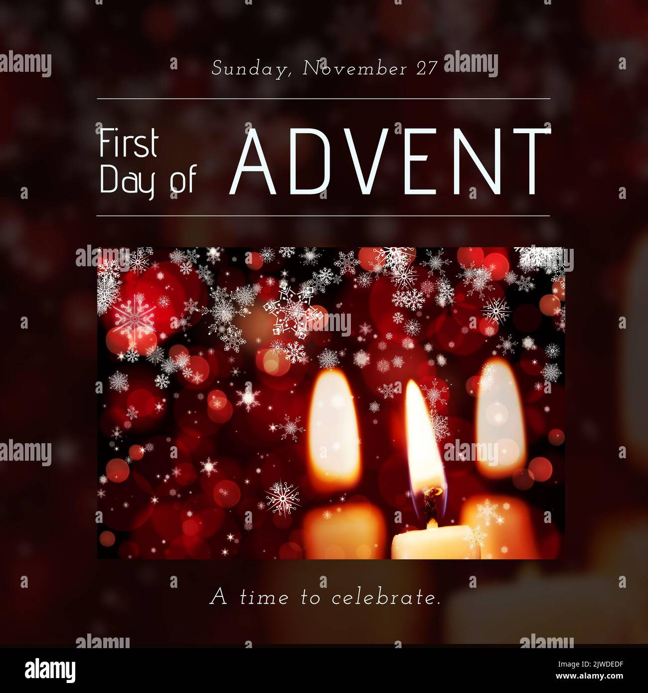 Composition of first day of advent text with candles and snowflakes on