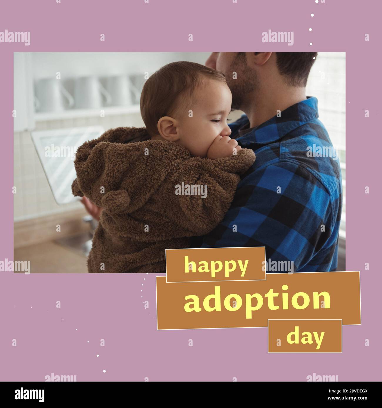 Composition of happy adoption day text with caucasian man and his son Stock Photo