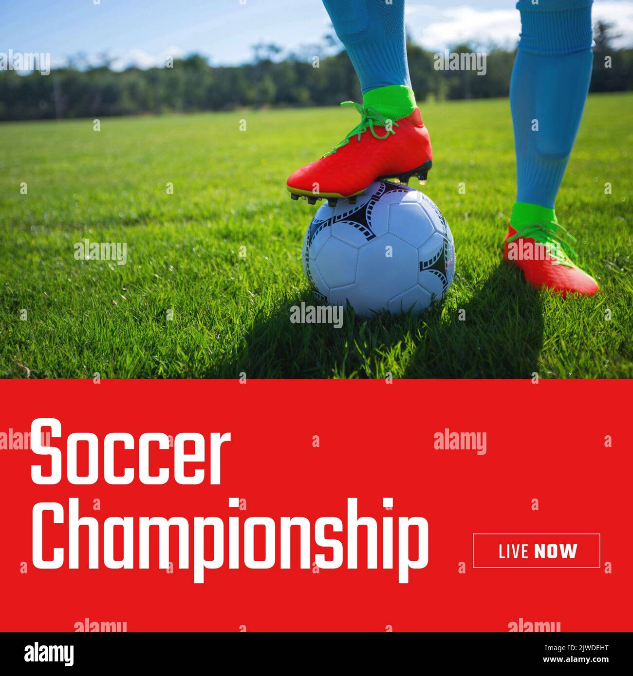 Composition of soccer championship text with football player at pitch Stock Photo