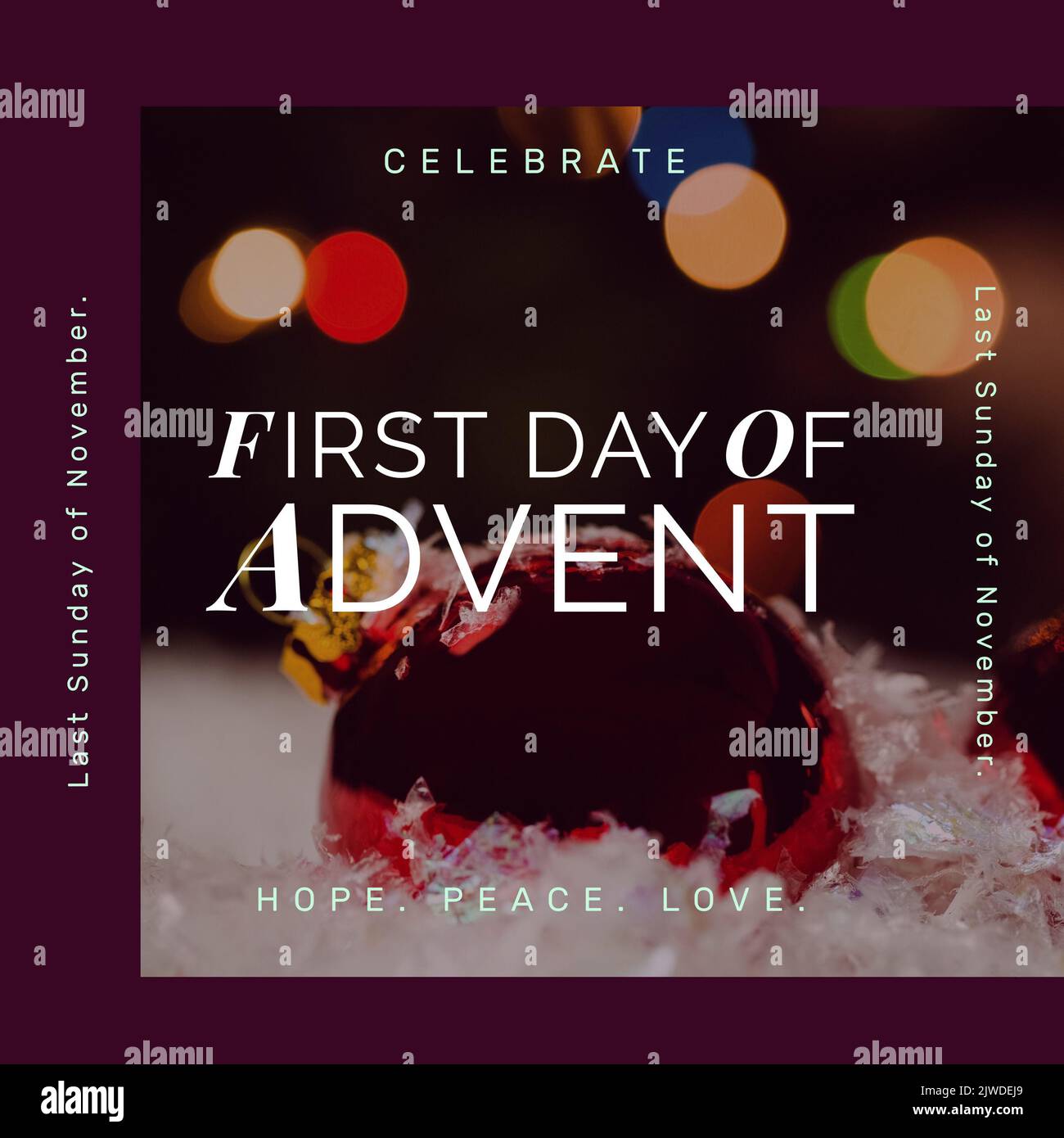 Composition of first day of advent text over christmas decorations