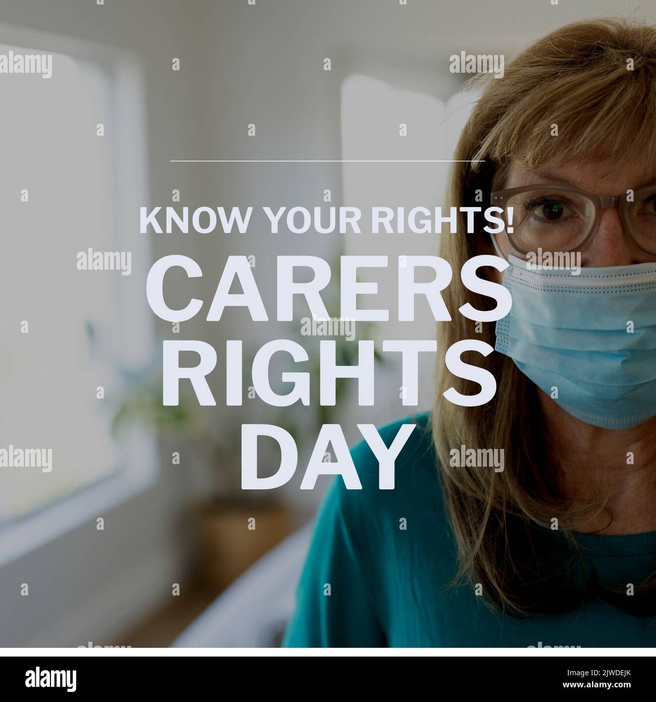 Composition of carers rights day text with caucasian woman wearing face mask Stock Photo