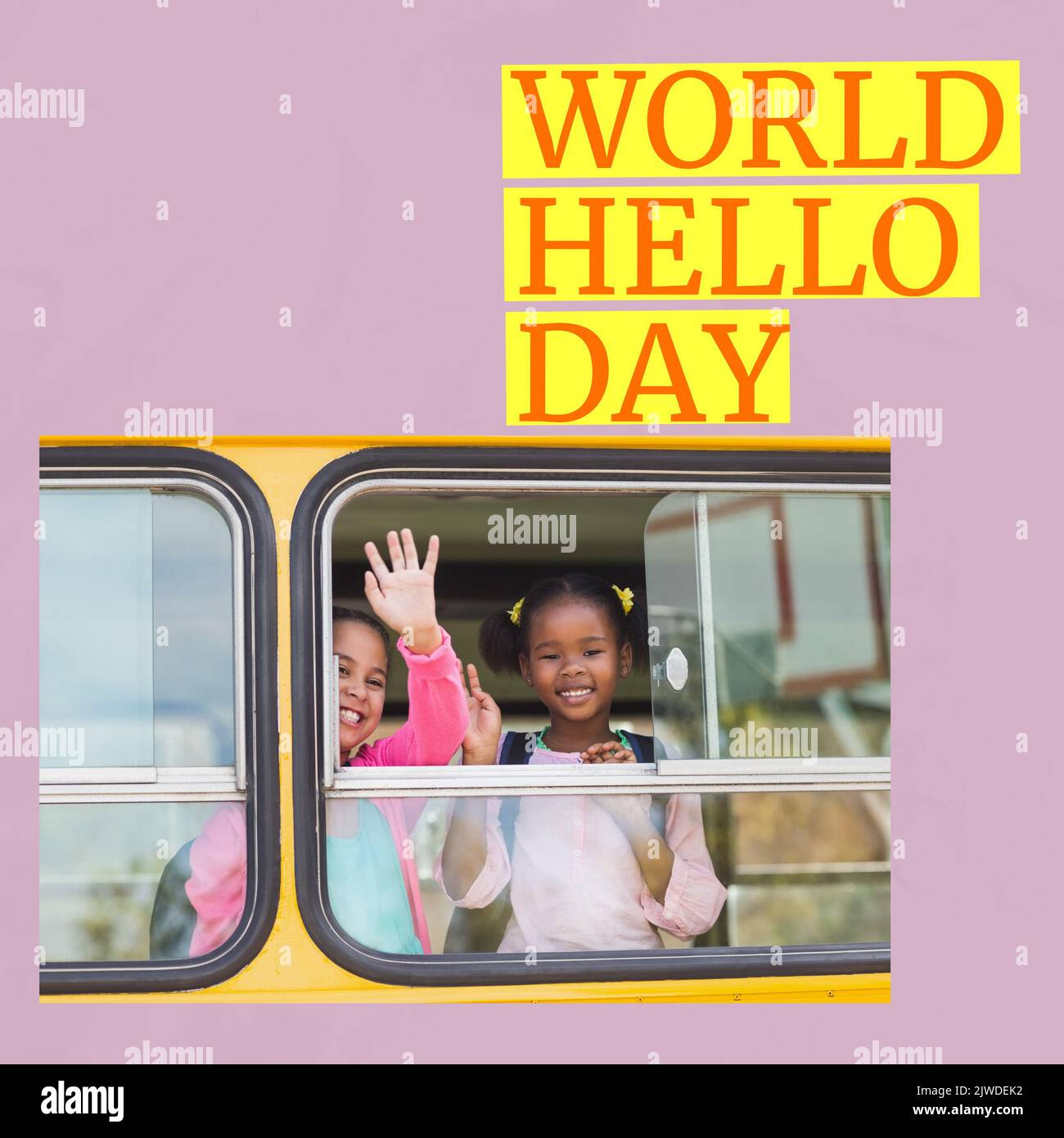 Composition of world hello day text with diverse schoolchildren waving from school bus Stock Photo