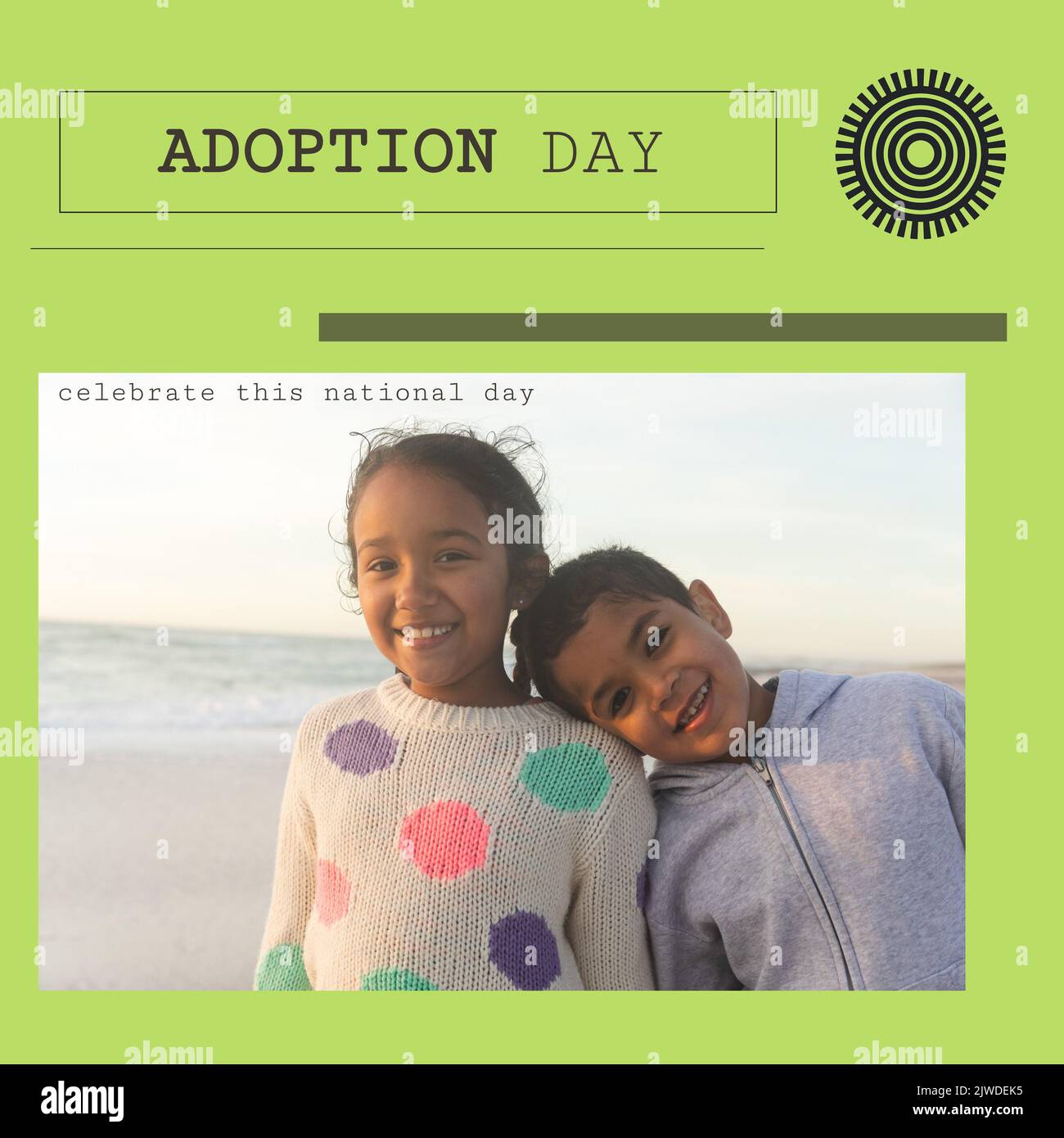Composition of happy adoption day text with biracial children at beach Stock Photo
