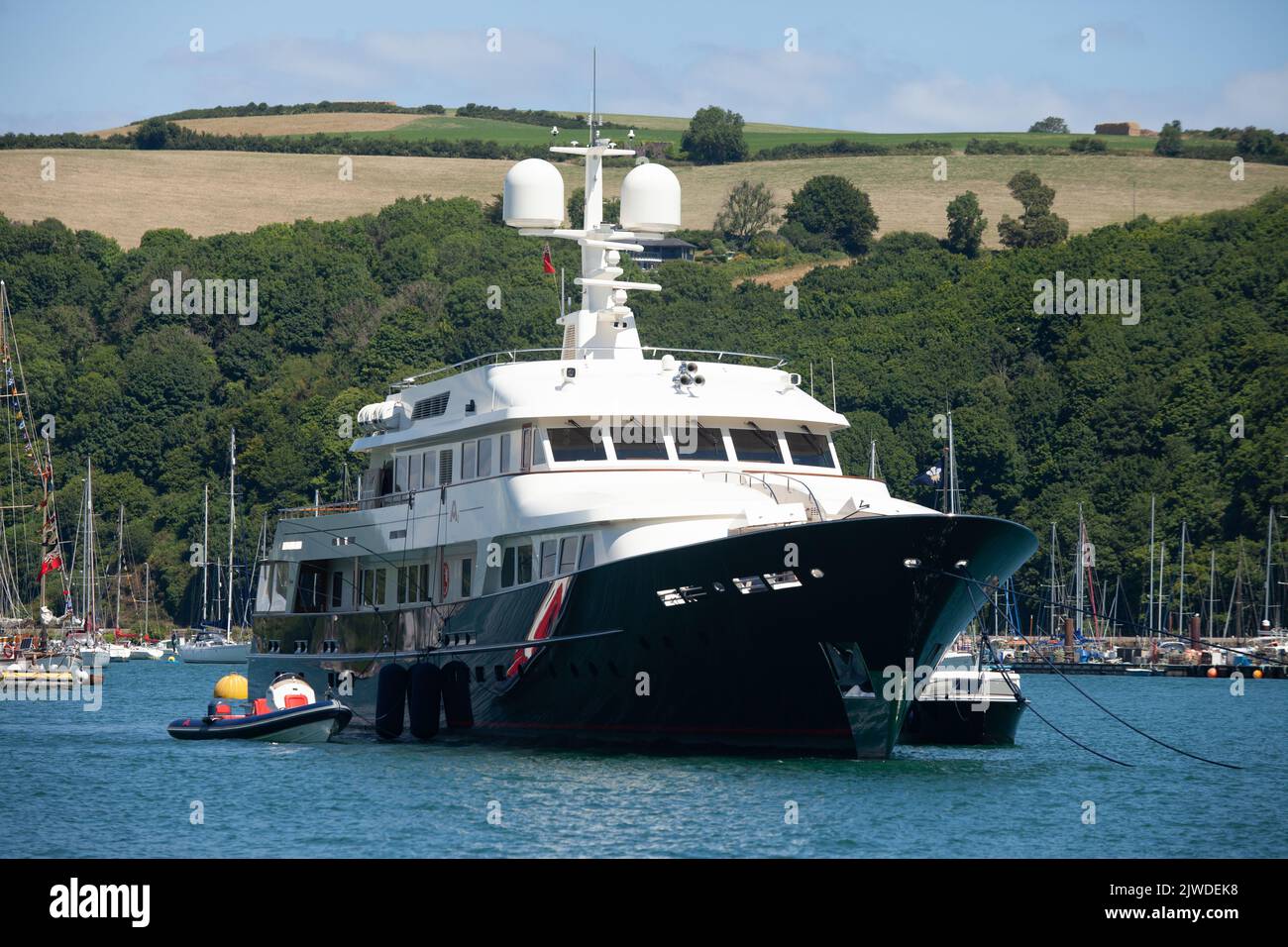 A super yacht moored in Dartmouth Harbour. Stock Photo
