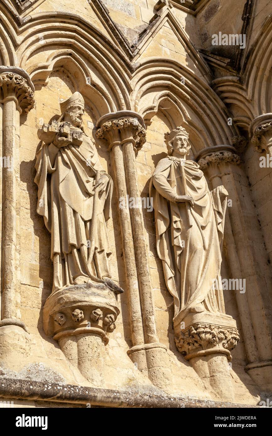 Close up of statue on Salisbury Cathedral West Front, Wiltshire,UK Stock Photo