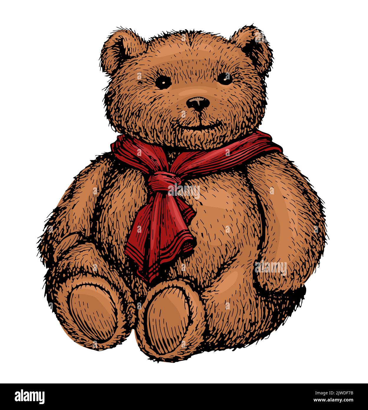 Cute Teddy bear with scarf. Vintage soft toy isolated on white background. Colorful vector illustration Stock Vector