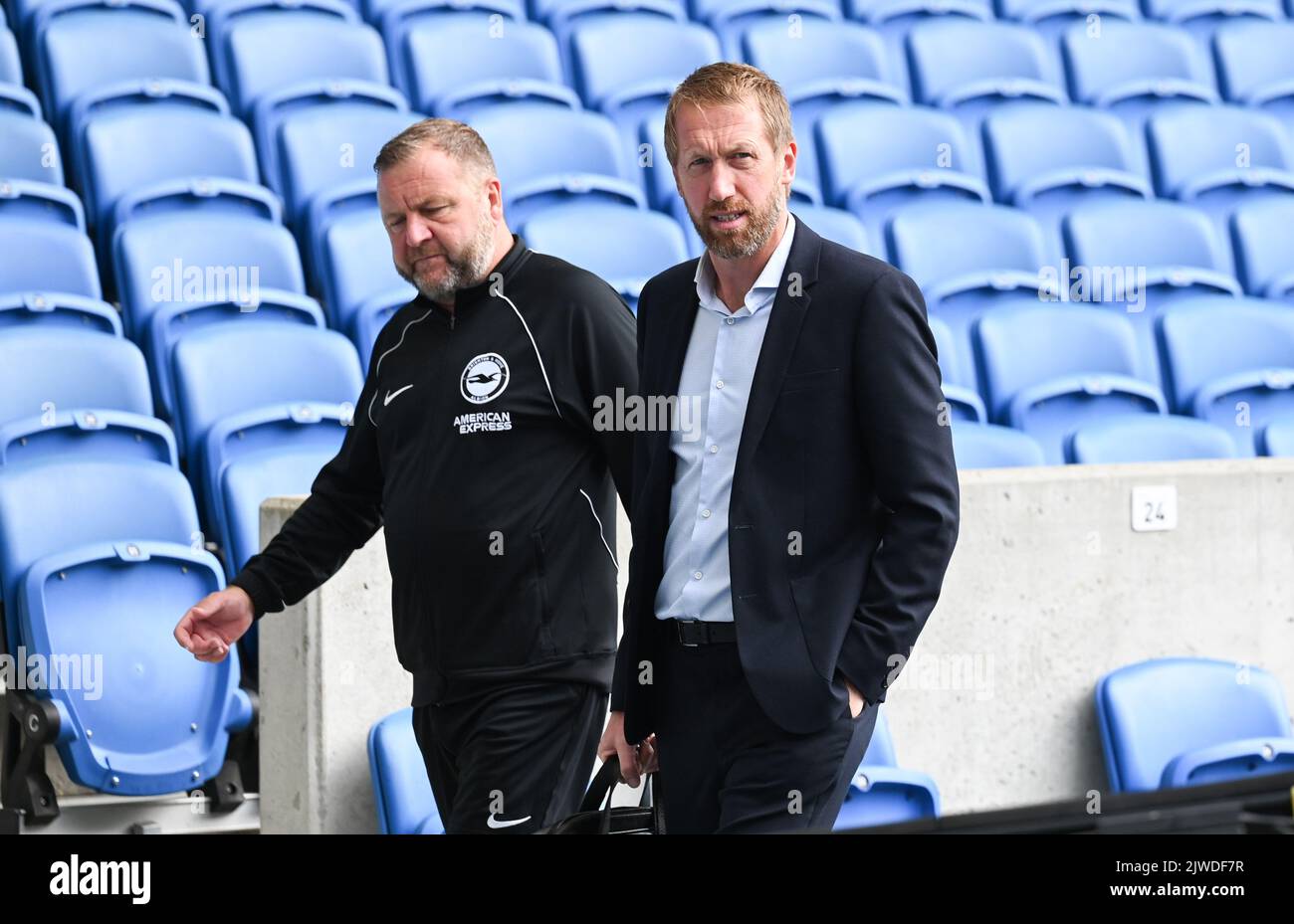 Brighton head coach Graham Potter (right) with Billy Reid arrives for the Premier League match between Brighton and Hove Albion and Leicester City at the American Express Stadium  , Brighton , UK - 4th September 2022 Editorial use only. No merchandising. For Football images FA and Premier League restrictions apply inc. no internet/mobile usage without FAPL license - for details contact Football Dataco Stock Photo