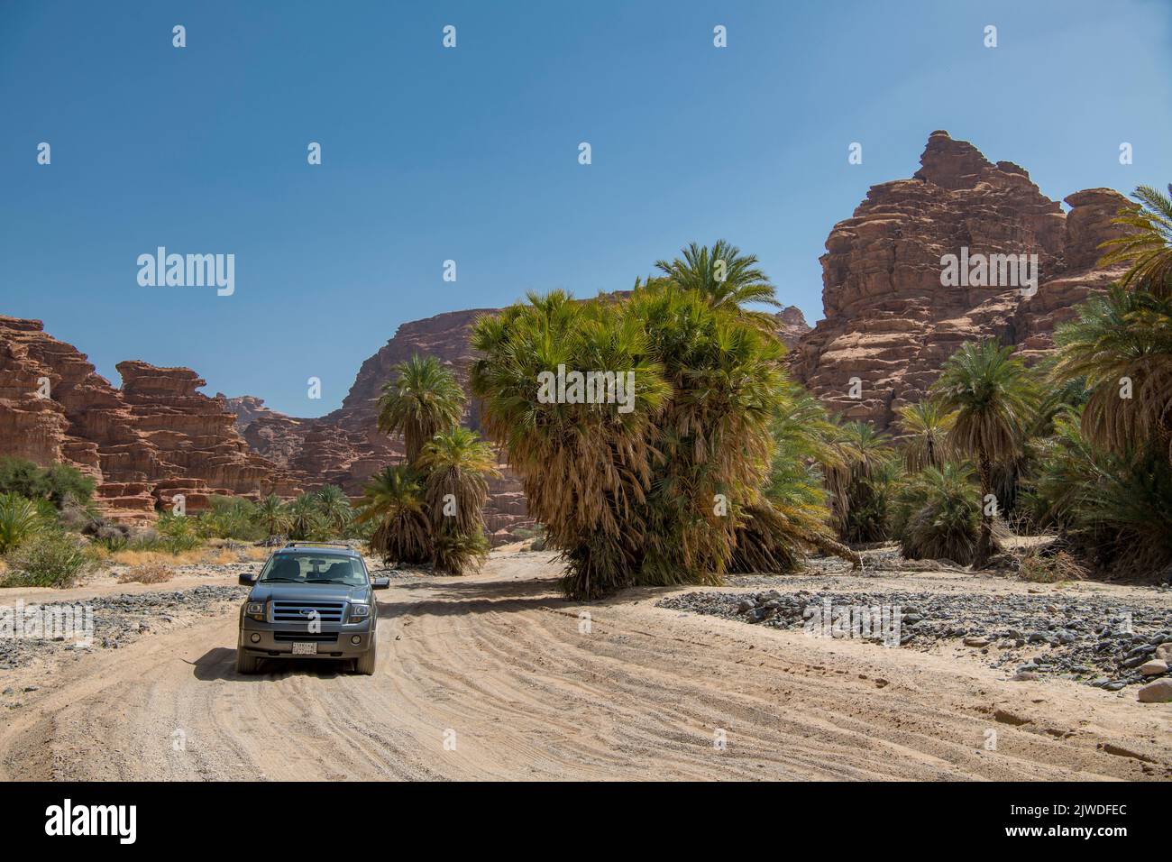 4WD on sand track  Wadi Disah Tabuk Province Saudi Arabia Stock Photo