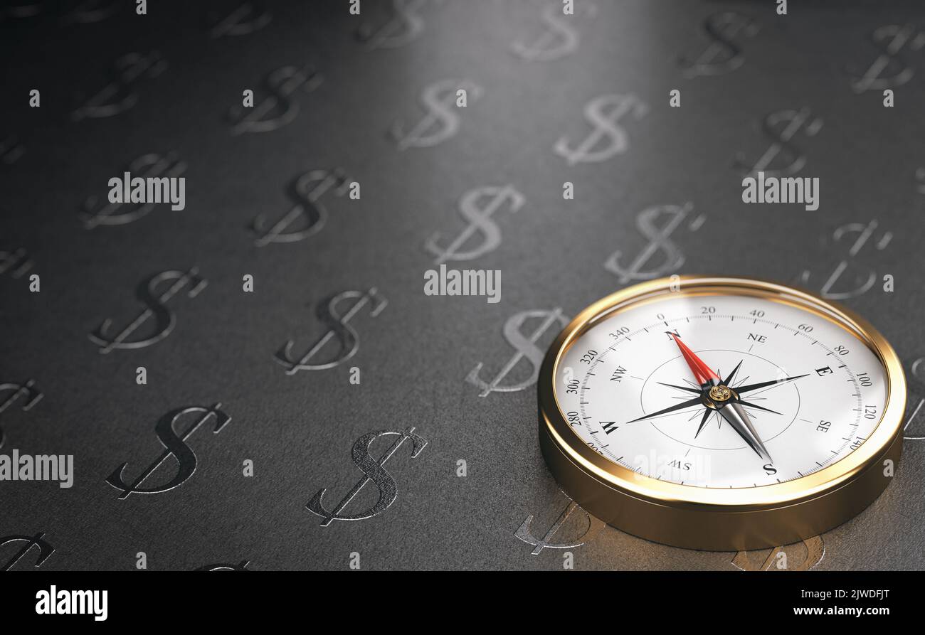 Financial advisory services. Golden compass over black background with dollar symbols and copy space. 3D illustration Stock Photo