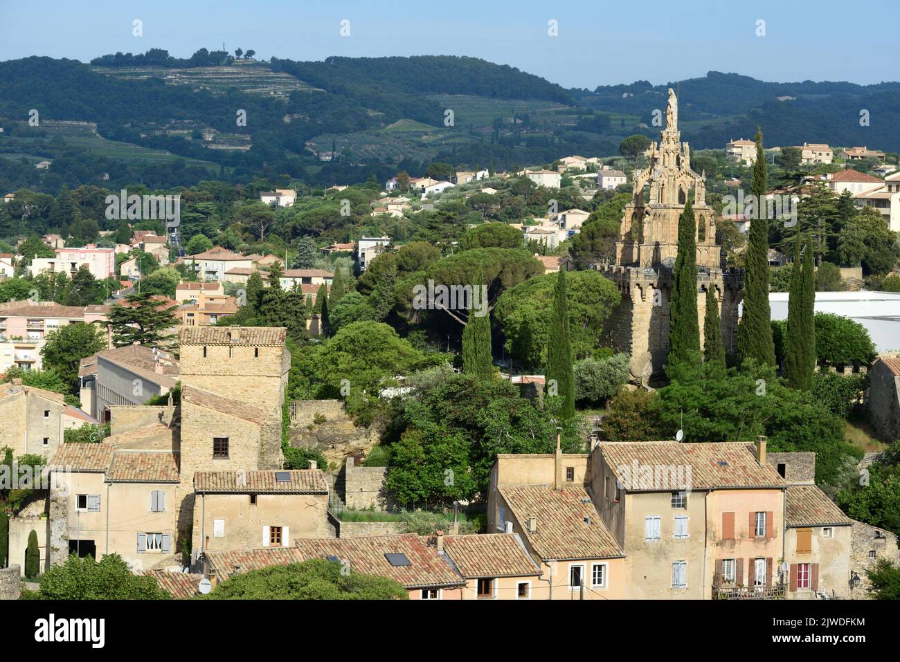 View over the Old Town of Nyons with the Medieval Stone Tower, Tour Randonne & Gothic Chapel of Notre-Dame-de-Bon-Secours Nyons Drôme Provence France Stock Photo