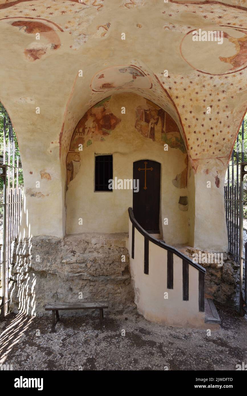 Entrance Door, Arched Alcove and External Staircase to the c16th Painted Chapel of Notre Dame de Benva Lorgues Var Provence France Stock Photo
