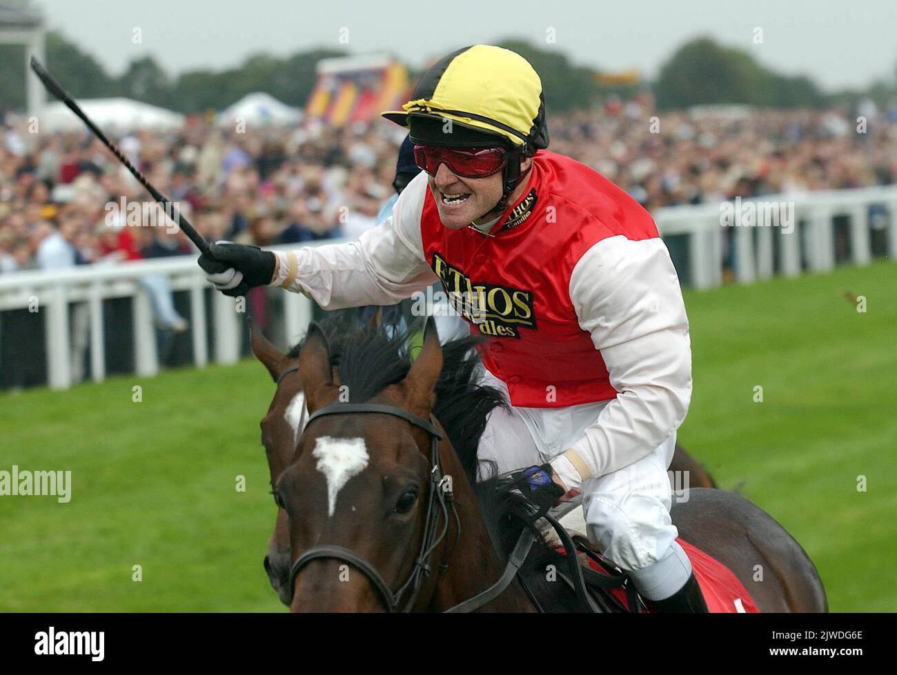 File photo dated 14-09-2002 of Kevin Darley on Bollin Eric celebrates as the pass the line to win the Rothmans Royals St Leger Race. It is 20 years since Kevin Darley enjoyed one of the best days of his career when Tim Easterby’s Bollin Eric galloped to St Leger success. Issue date: Monday September 5, 2022. Stock Photo
