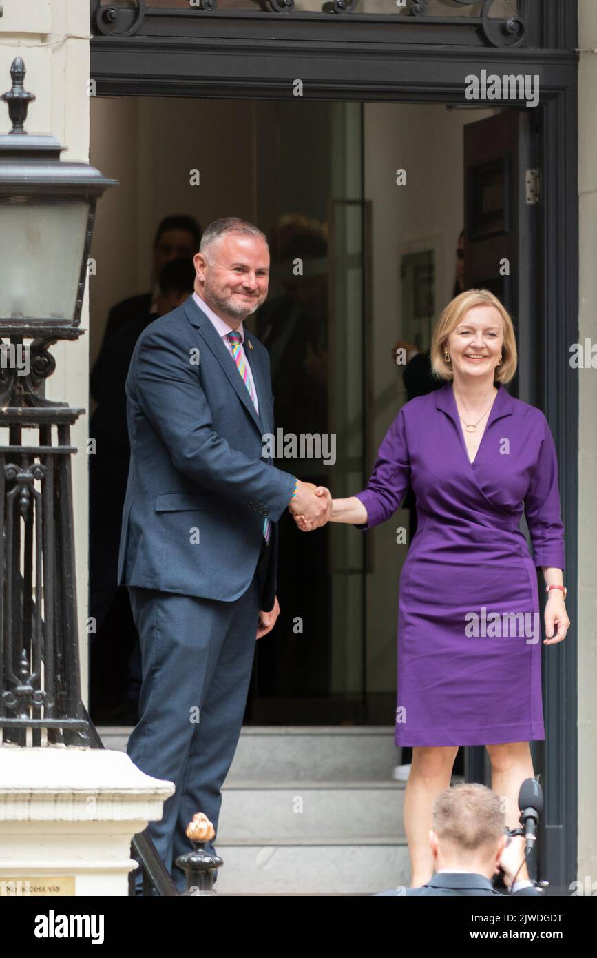 Westminster, London, UK. 5th Sep, 2022. New Prime Minister Liz Truss has arrived at the Conservative party campaign headquarters in Westminster Stock Photo