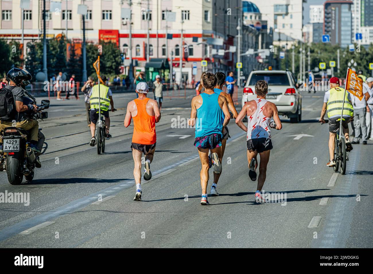 Ekaterinburg, Russia - August 7, 2022: leading group runners athletes at half marathon in Europe-Asia Marathon Stock Photo
