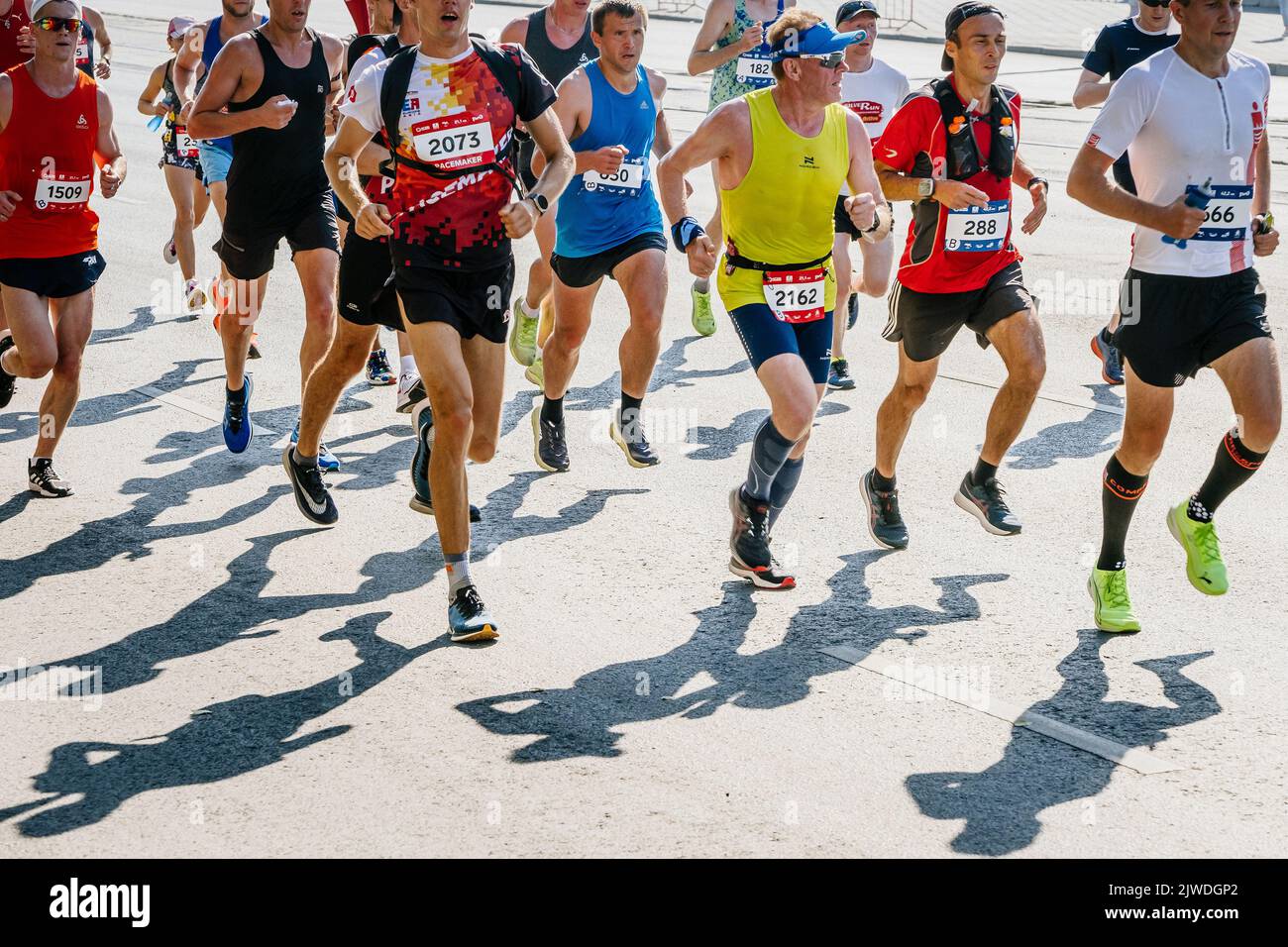 Ekaterinburg, Russia - August 7, 2022: group male runners athletes run in Europe-Asia Marathon Stock Photo