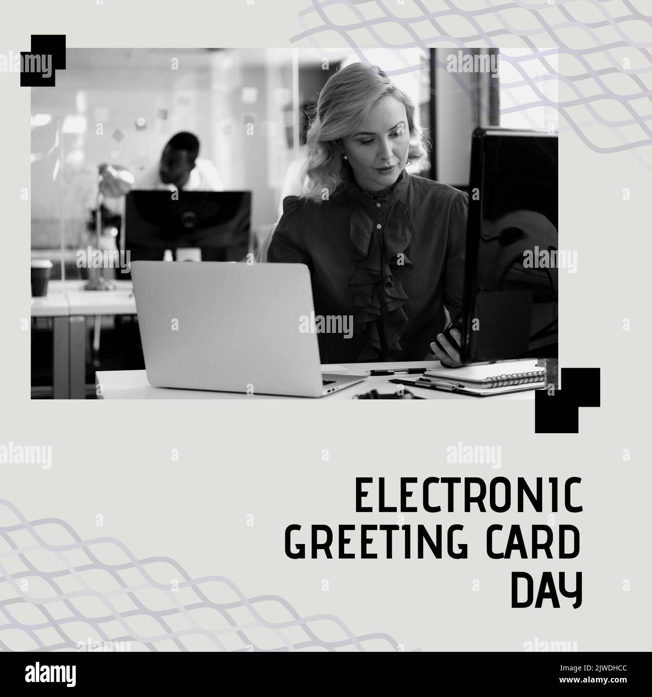 Composition of electronic greeting card day text over diverse business