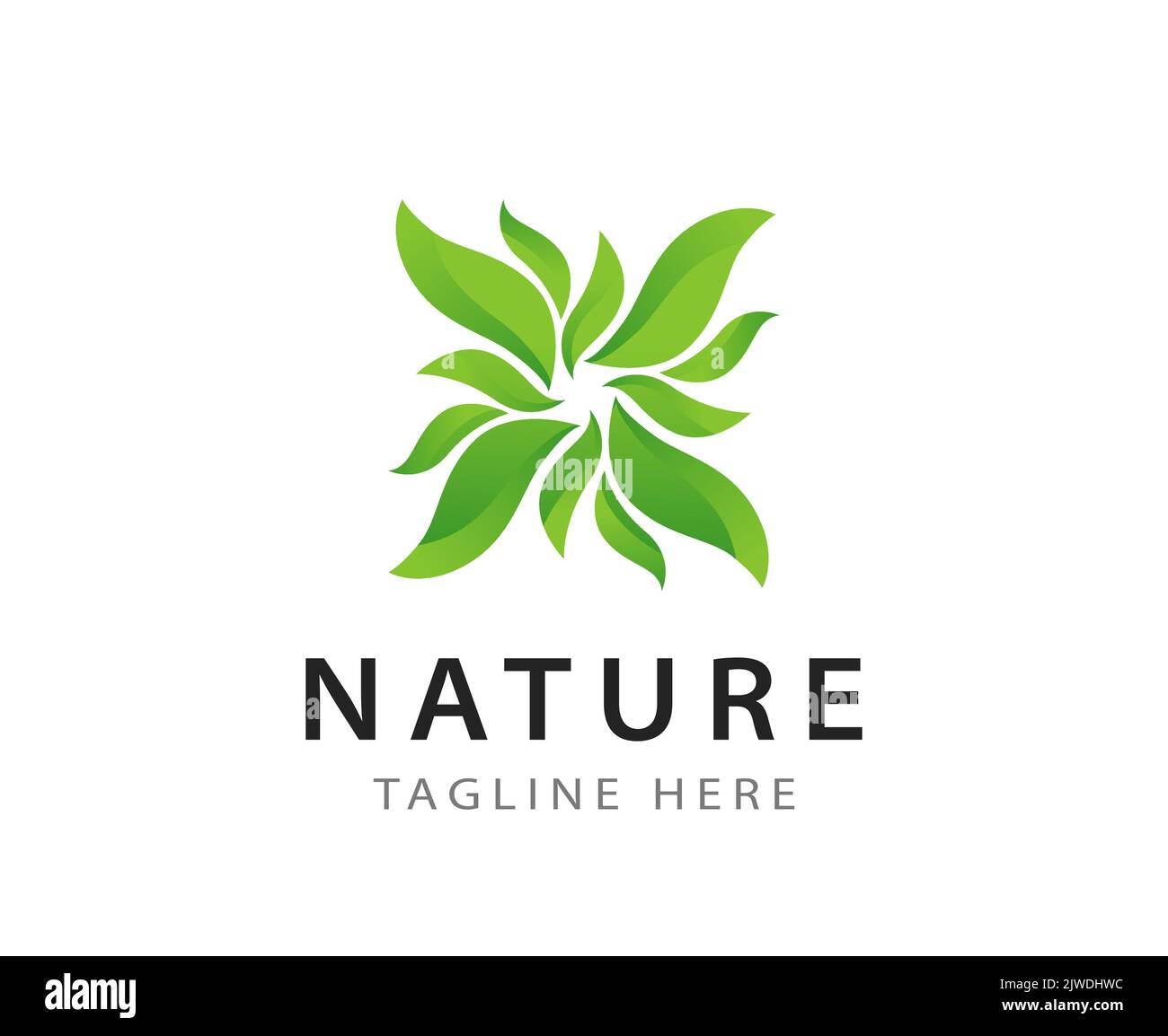 Ecology logotype with green leaves in creative round shape. Seal with text caption - Name and Description or Slogan. Stock Vector