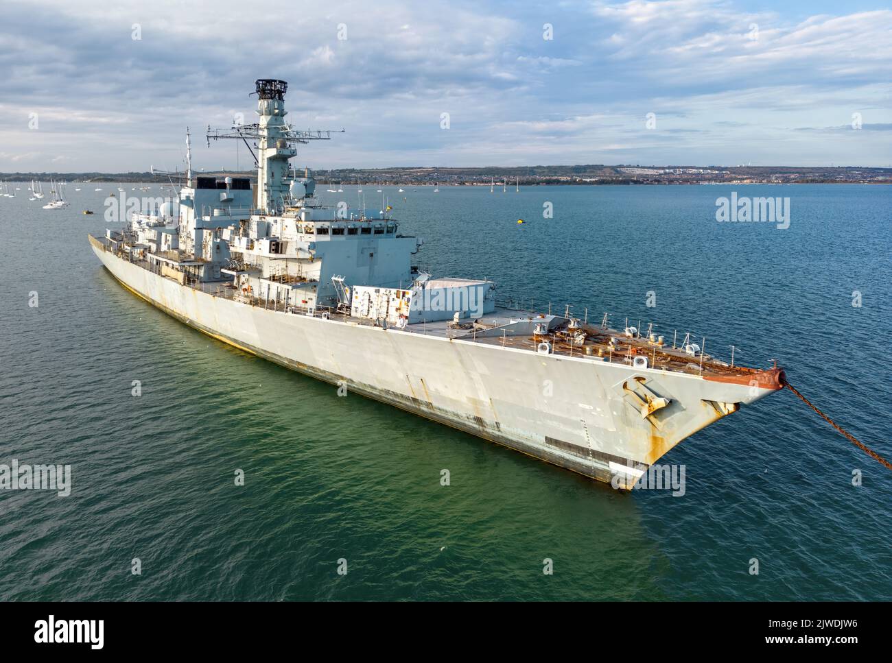 The former HMS Monmouth, a decommissioned Type 23 frigate, awaiting disposal in Portsmouth Harbour. Stock Photo