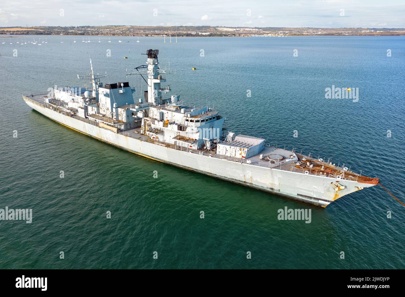 The former HMS Monmouth, a decommissioned Type 23 frigate, awaiting disposal in Portsmouth Harbour. Stock Photo