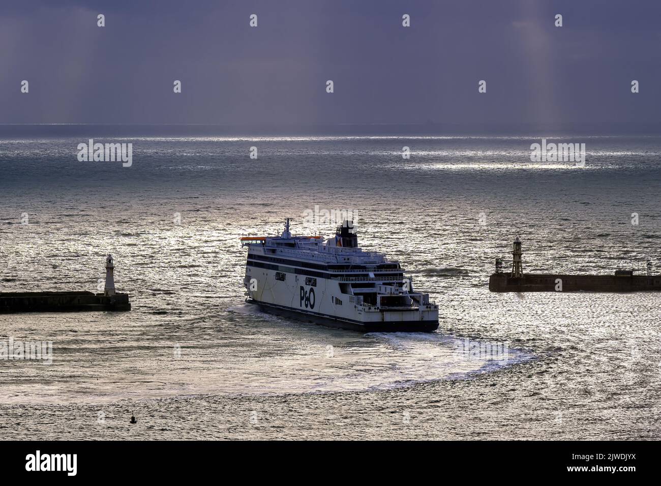 The cross-Channel ferry Spirit of Britain (P&O Ferries) exits the Port of Dover by the western entrance. Stock Photo