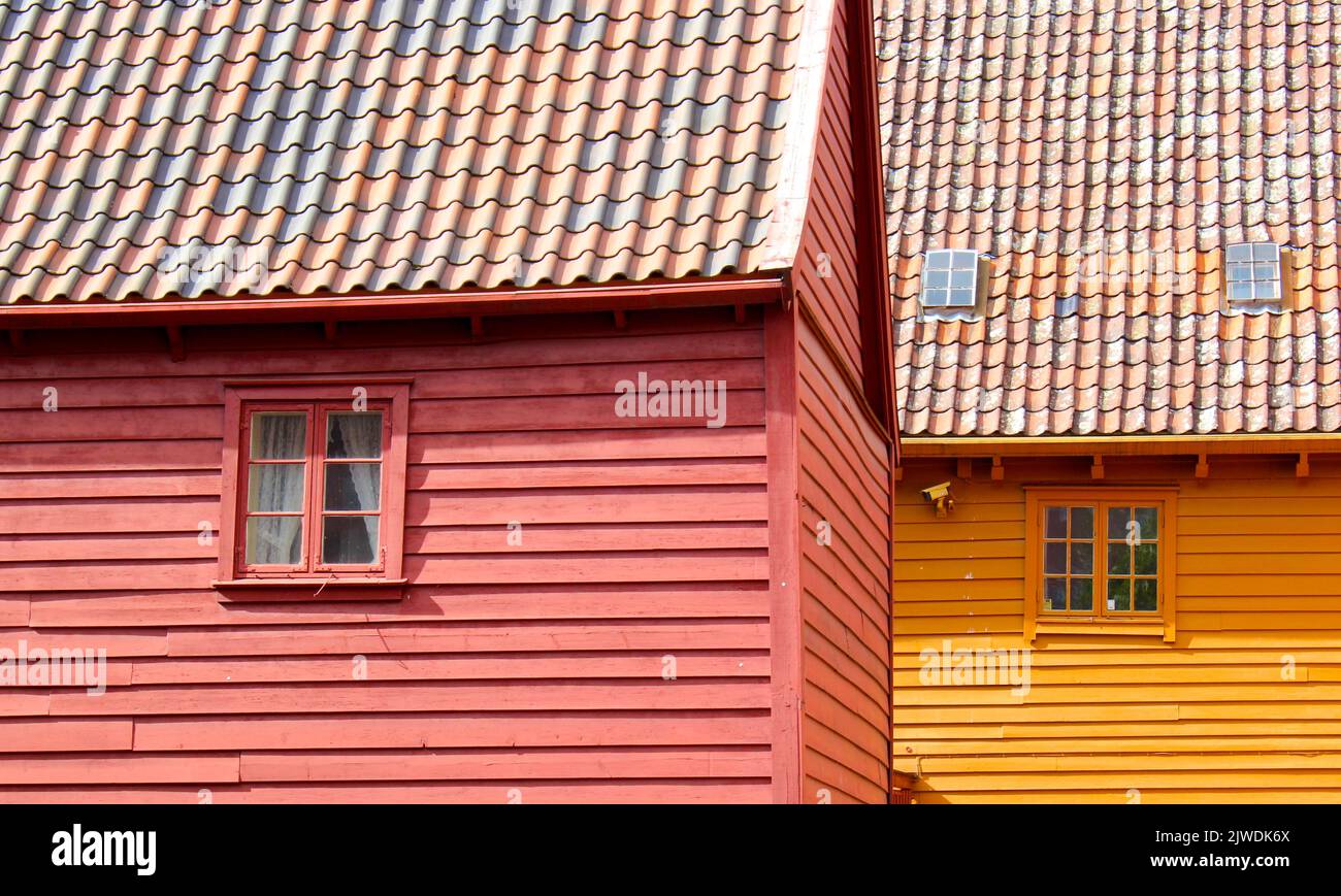 Typical wooden facades and tiled roofs of the buildings in Bruggen in Bergen Stock Photo