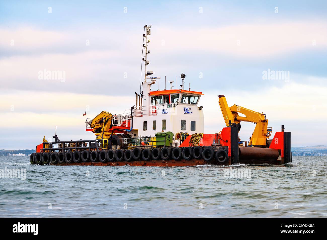 The multicat workboat Sarah Grey, operated by Keynvor Morlift Limited (KML). Stock Photo