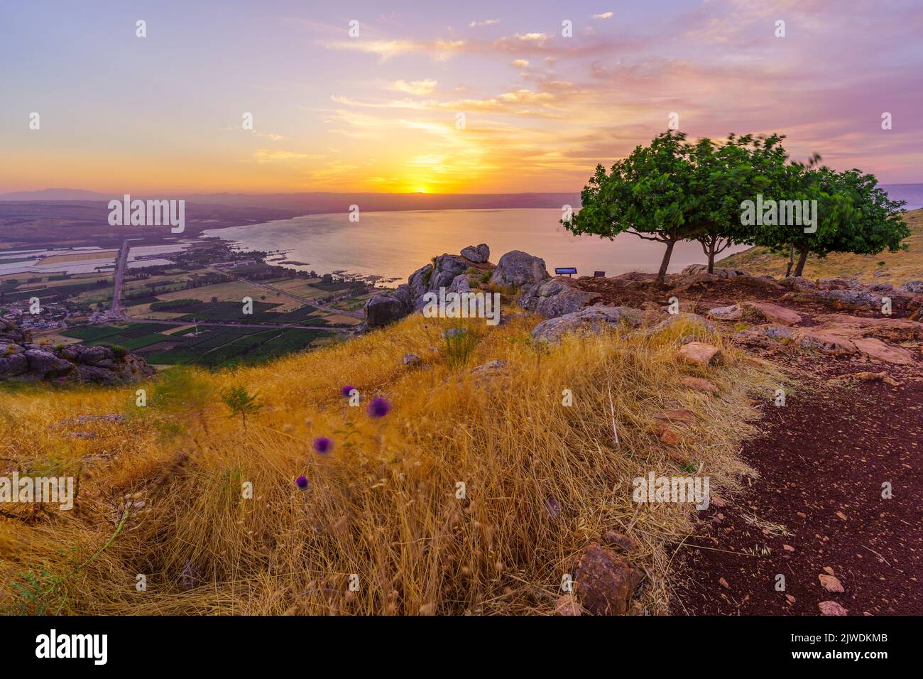 Sunrise view of the Sea of Galilee, from Mount Arbel (west side). Northern Israel. With long exposure of trees moving in strong winds Stock Photo