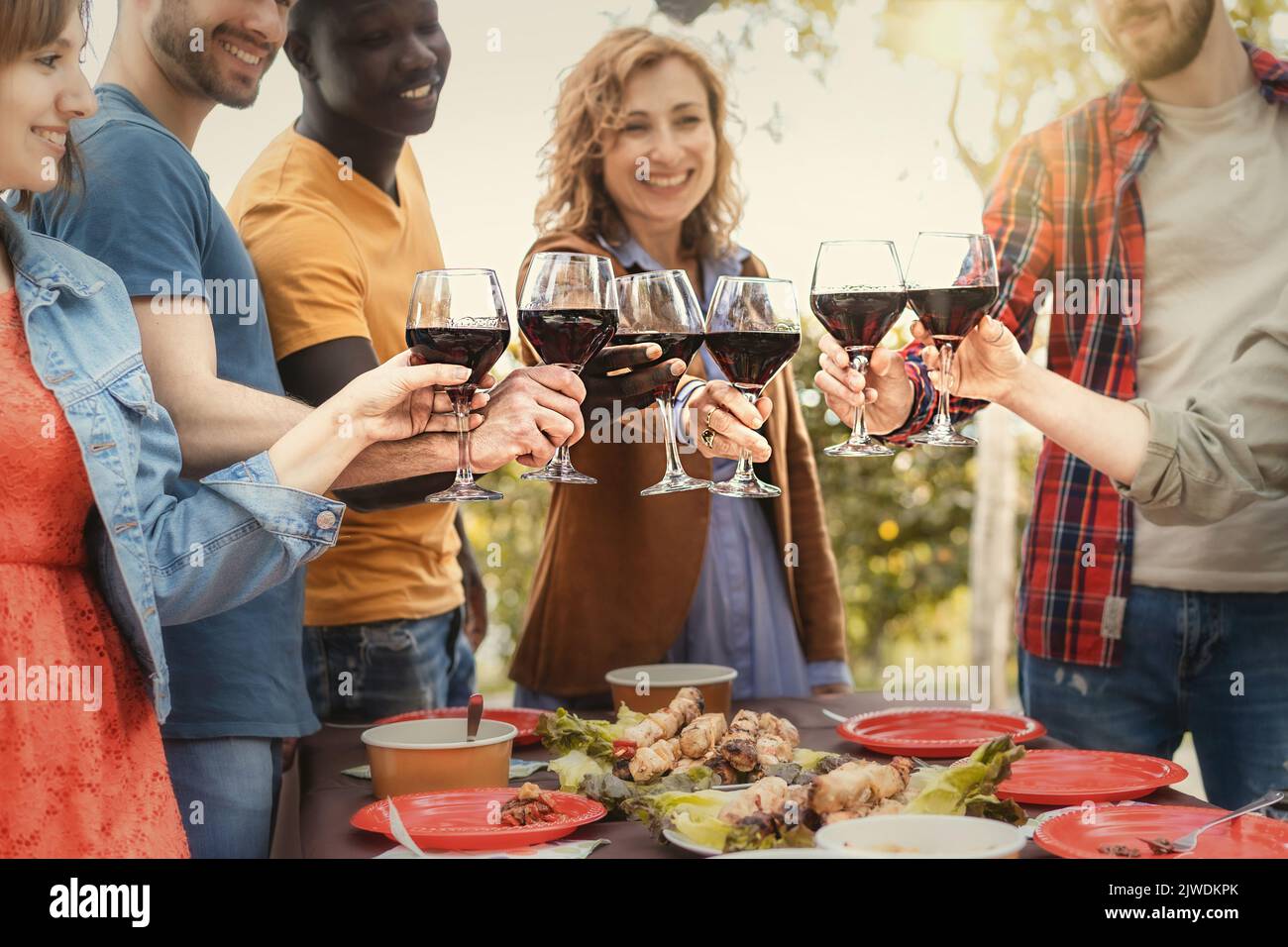Cheerful Family drinking red wine and cheering outside - Best friends toasting together during the wine tasting party in the countryside - multigenera Stock Photo