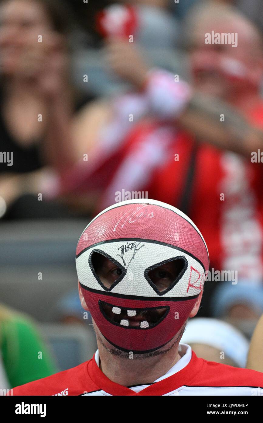 Polish fan wearing a mask made of a basketball ball is seen during the European Men's Basketball Championship, Group D, match Poland vs Israel, in Prague, Czech Republic, on September 5, 2022. (CTK Photo/Michal Kamaryt) Stock Photo