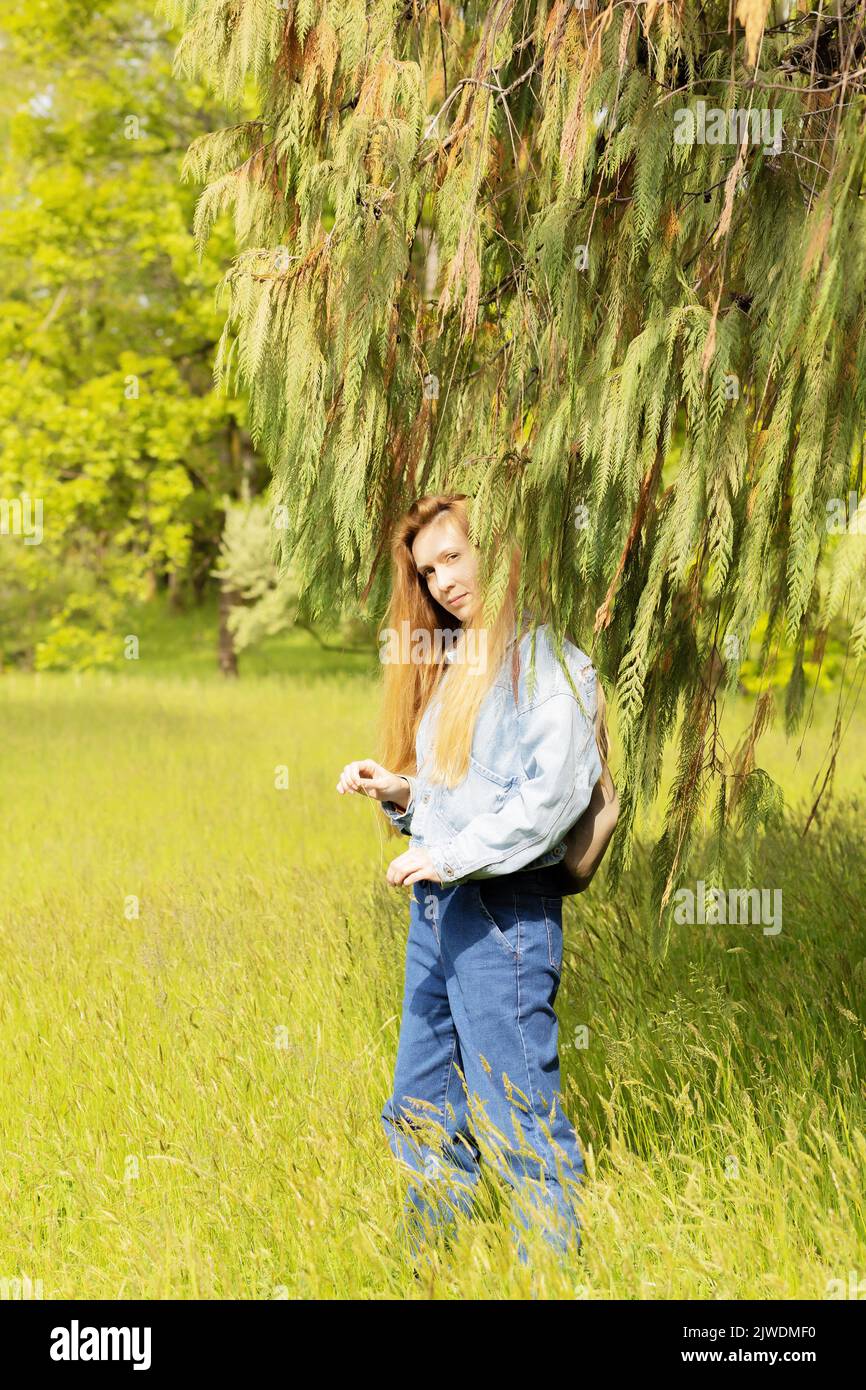 Woman in cypress branches. Cupressus cashmeriana. Blond-haired woman under the hanging branches of a cypress Stock Photo