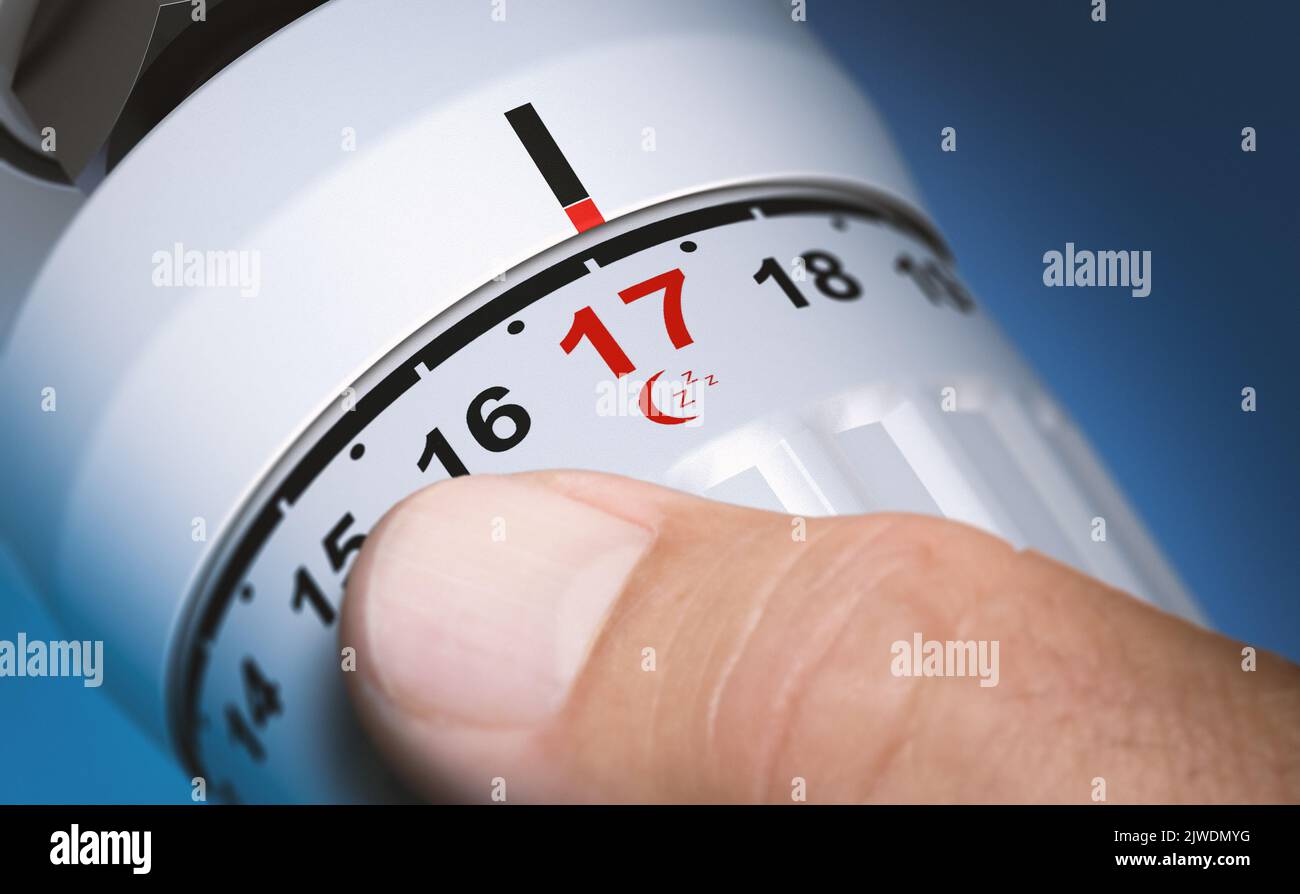 Man setting thermostat temperature to 17 degrees at night. Composite image between a 3d illustration and a photography. Stock Photo