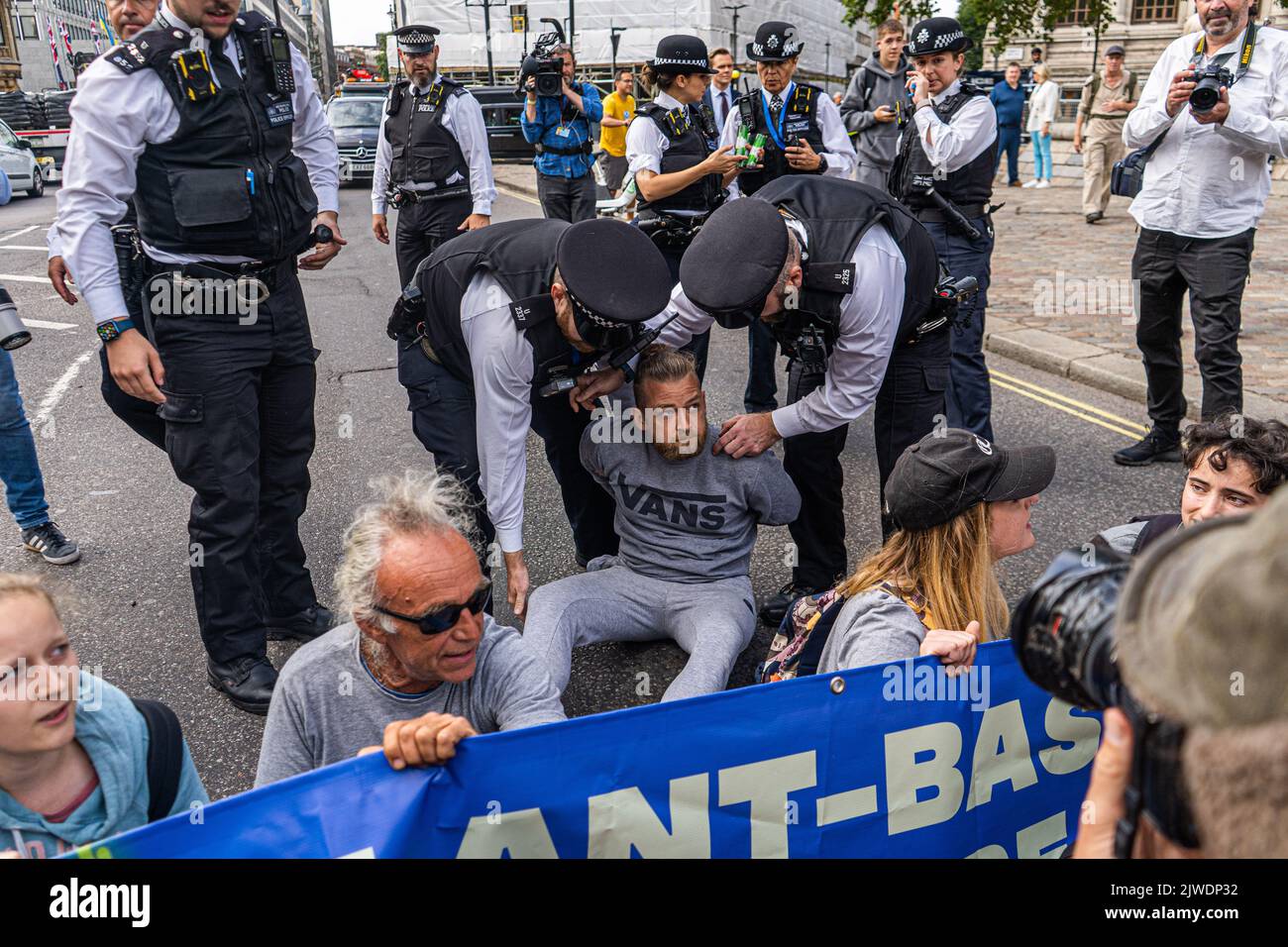 London UK. 5 September 2022. A group of animal rebellion stage a sit in blocking the road opposite the Queen Elizabeth II centre  as   Liz Truss is due to be elected as the new Conservative party leader and prime minister a Credit amer ghazzal/Alamy Live News Stock Photo
