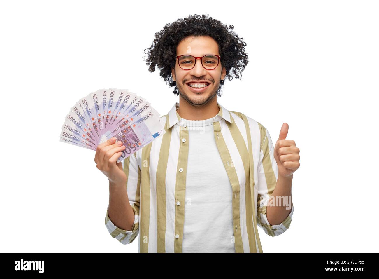 happy man with euro money showing thumbs up Stock Photo - Alamy