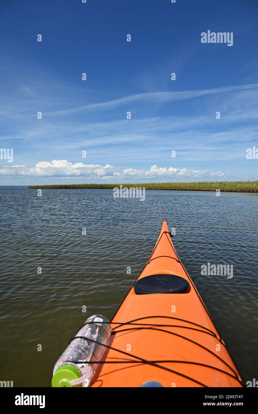 Kayaking the Pamlico Sound off the Pea Island Wildlife Refuge, Outer Banks, North Carolina Stock Photo
