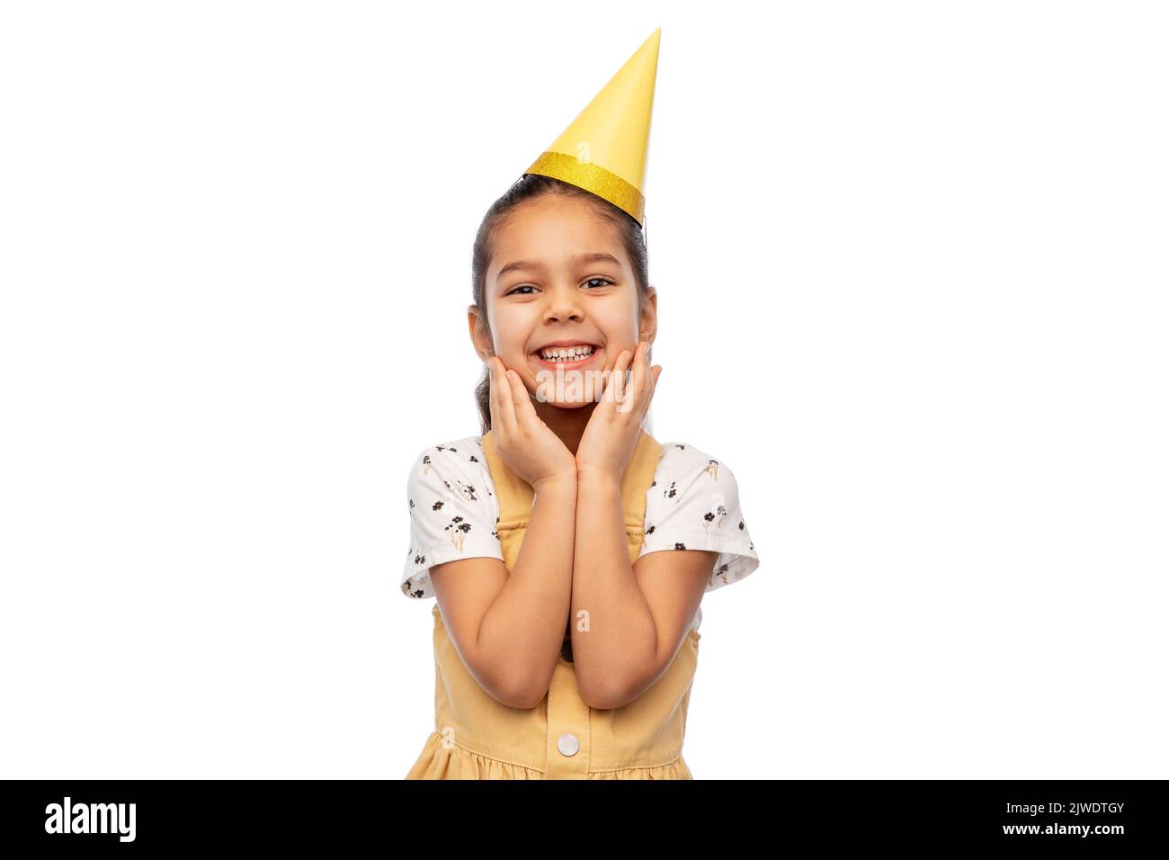 smiling little girl in birthday party hat Stock Photo Alamy