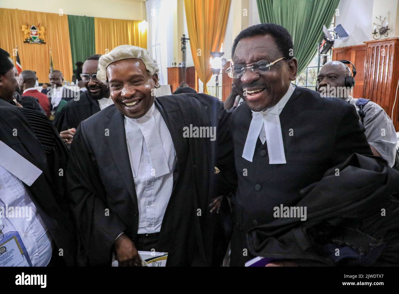 Nairobi, Kenya. 05th Sep, 2022. Azimio la Umoja One Kenya presidential candidate Raila Odinga's lawyer James Orengo and President Elect William Ruto's lawyer Kithure Kindiki at the Supreme Court after chief justice Martha Koome upheld the win of president elect William Ruto. Azimio la Umoja One Kenya coalition presidential candidate Raila Odinga on August 22, 2022 filed a petition at the Supreme Court Sub-Registry offices seeking to challenge the victory of president elect William Ruto which he termed as 'null and void'. Credit: SOPA Images Limited/Alamy Live News Stock Photo