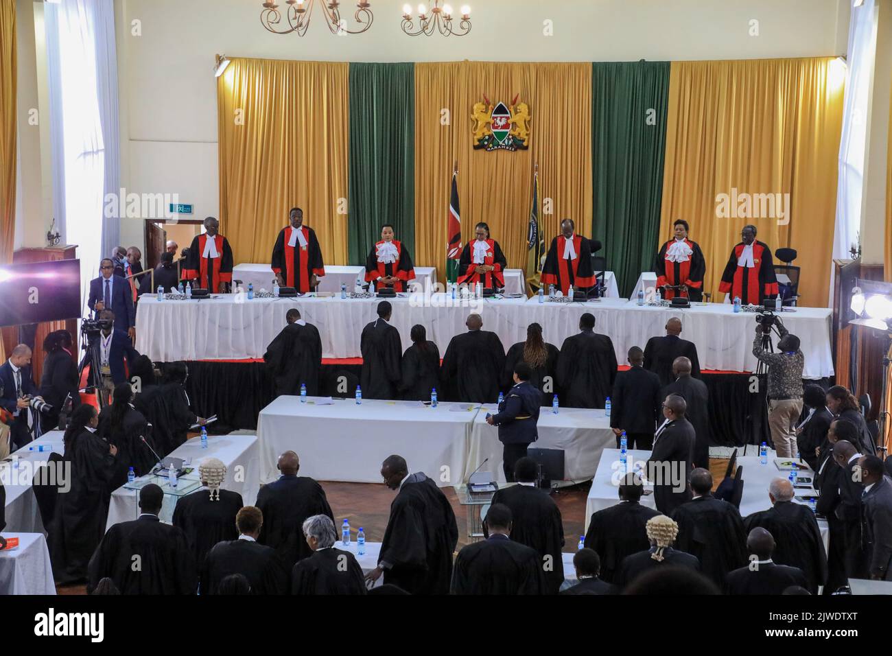 Nairobi, Kenya. 05th Sep, 2022. Supreme Court seven judge bench (From L-R) Isaac Lenaola, Smokin Wanjala, Philomena Mwilu (DCJ), Martha Koome (chief justice), Mohamed Ibrahim, Njoki Ndung'u and William Ouko prepare to exit the Supreme Court after upholding the win of president elect William Ruto. Azimio la Umoja One Kenya coalition presidential candidate Raila Odinga on August 22, 2022 filed a petition at the Supreme Court Sub-Registry offices seeking to challenge the victory of president elect William Ruto which he termed as 'null and void'. Credit: SOPA Images Limited/Alamy Live News Stock Photo