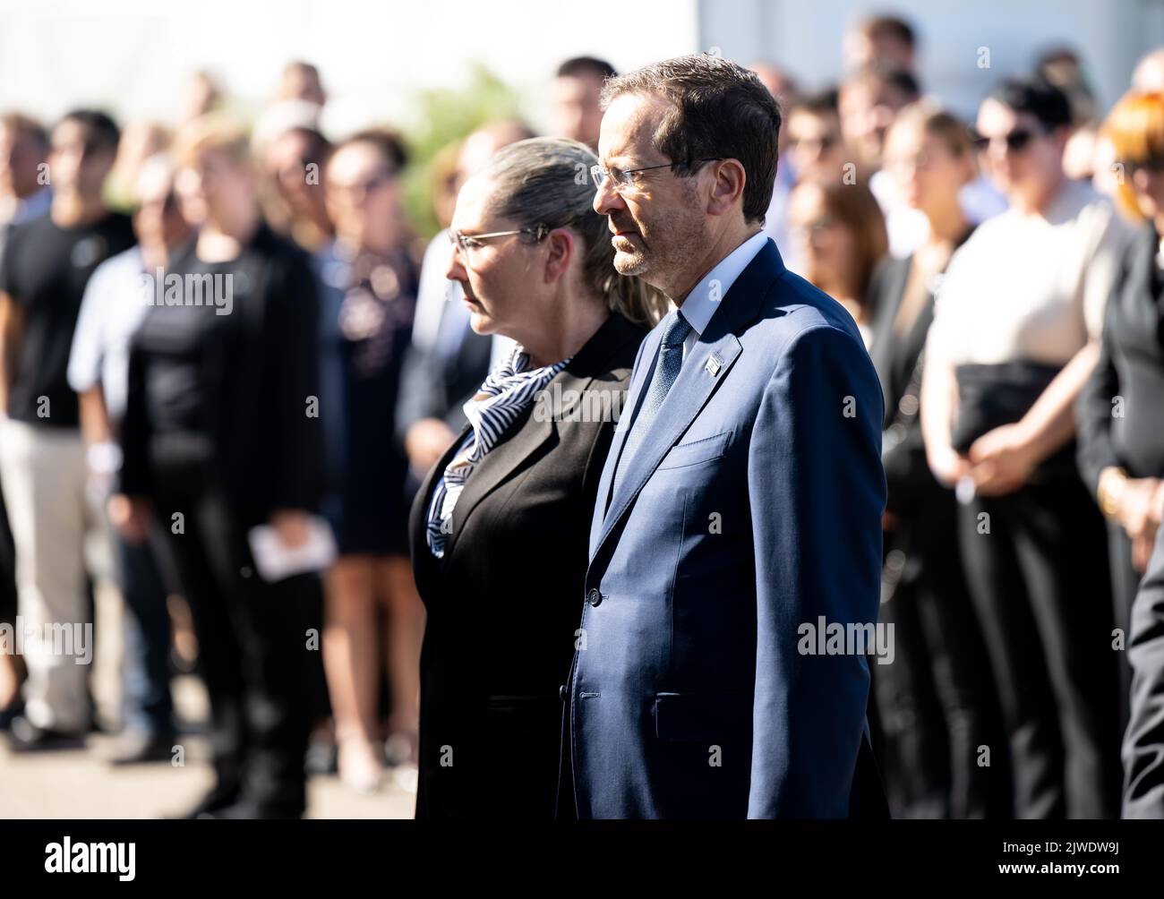 05 September 2022, Bavaria, Fürstenfeldbruck: Izchak Herzog, President of Israel, and his wife, Michal Herzog, lay a wreath at the memorial site at the air base tower during the commemoration of the 50th anniversary of the attack on Israeli athletes at the 1972 Munich Olympics. Photo: Sven Hoppe/dpa Stock Photo